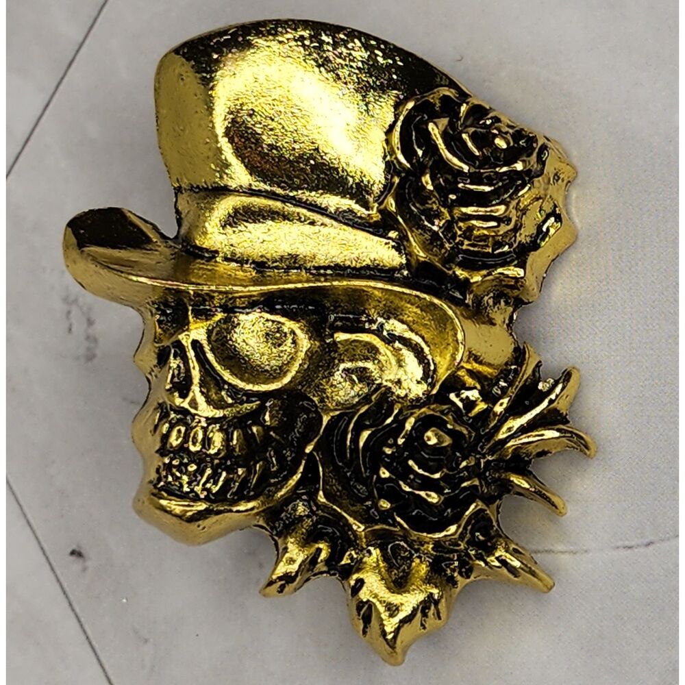 Top Hat Skeleton & Roses Brooch Gold Tone Metal Halloween Goth